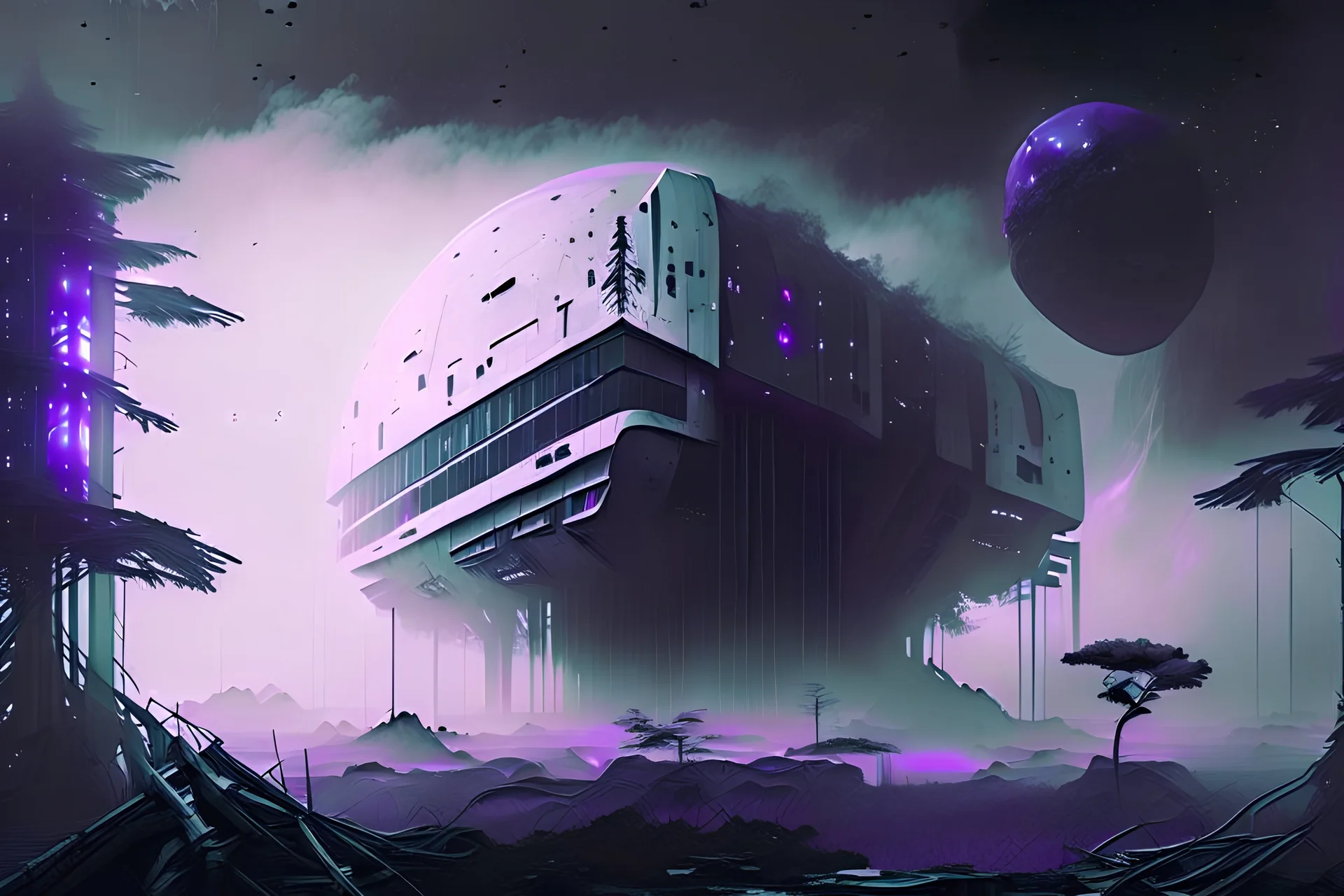 Large Futuristic Building, White Building, Alien Planet, Corrupted Forest, Dense Purple Fog, Dead Soil, Black Night Sky, Stars, Space, Distant Planets