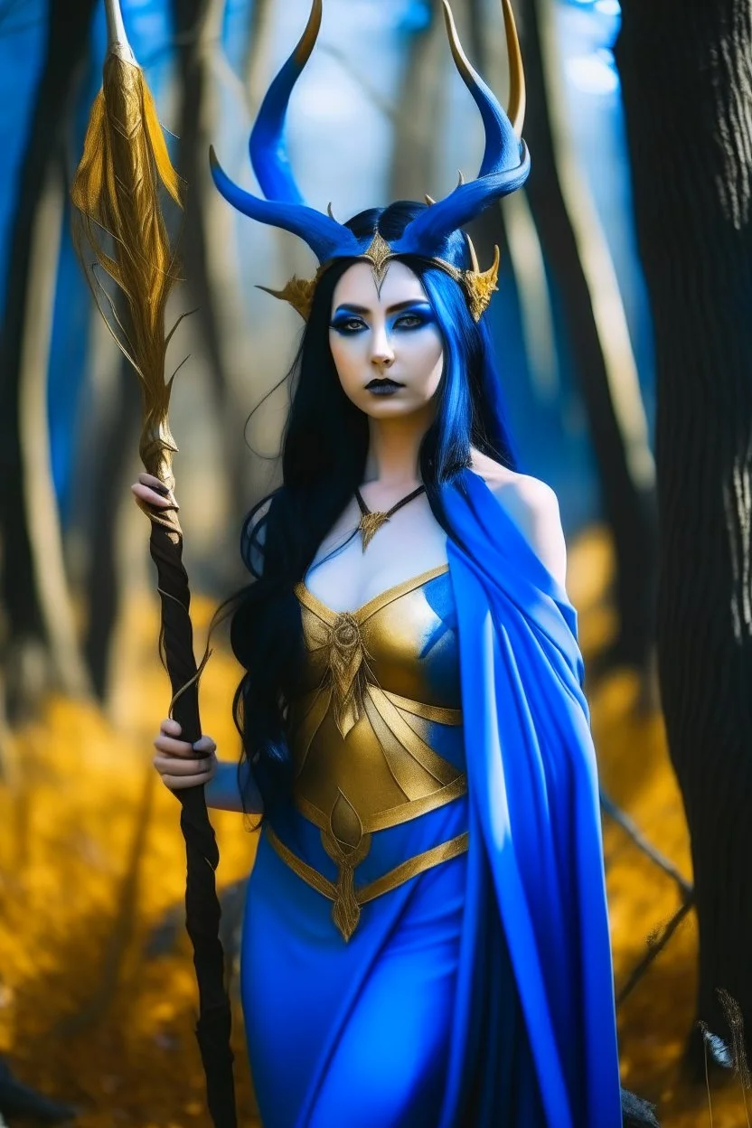 A picture of a beautiful blue faced Korean goddess with skin painted blue, blue body, blue torso, wild black hair, stag antlers, elven ears, golden skirt, holding a staff in a sunny forrest