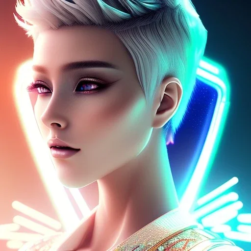 blonde woman, Cyborg anime samurai, cyberpunk, white skin, light blonde short hair, pixie hair, cobalt eyes, waist up portrait, 8k resolution, retroanime, intricate details, neon details, soft lighting, vibrant colors, masterpiece, intricate eyeliner, dark eyeshadow, eyes, intricate tattoos, gradient background