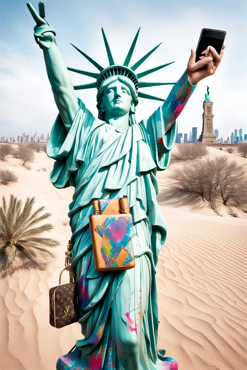 up-close digital image of the statue of liberty, covered in graffiti , holding a cellphone and taking a selfie while smiling,a Louis Vuitton bag over shoulder, standing alone In a deserted desert