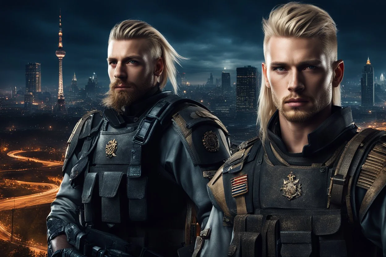 photorealistic hyperdetailed portait of 20-year-old german male, as mercenary with long blonde undercut hair, tribal tattoos and neatly trimmed beard wearing modern mercenary uniform fantasy dark cityscape