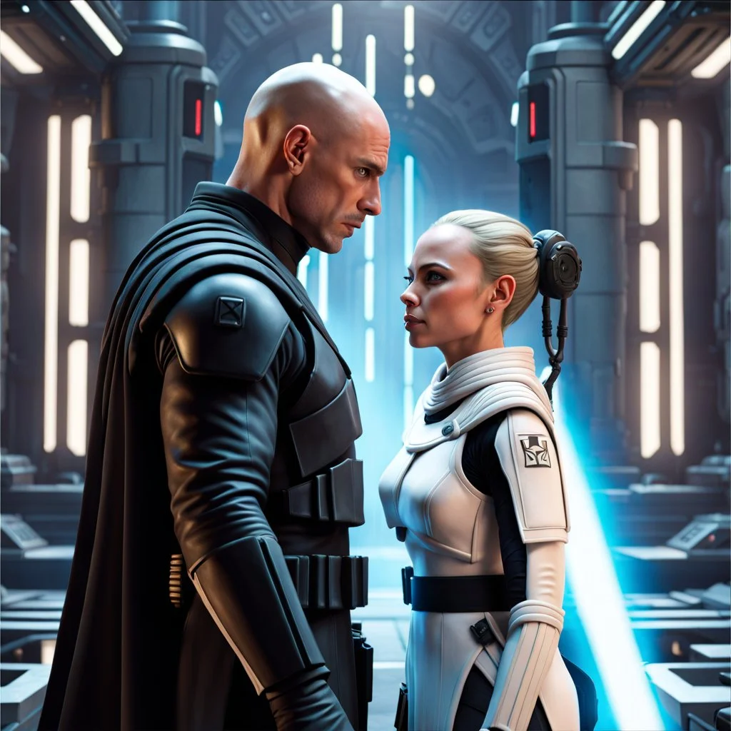 a bold and heroic bald male Corellian pilot in black and metallic grey First Order special forces gear meets a female Jedi Master in ancient, mystical temple, hyperdetailed, dynamic lighting, hyperdetailed background, 8k resolution, volumetric lighting, light skin, fully symmetric details