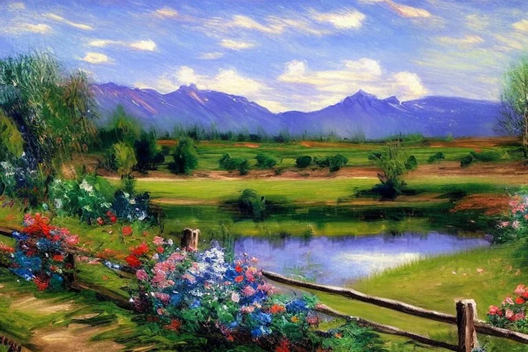 Sunny day, clouds, mountains, flowers, fence, grass, trees, distant trees, lesser ury impressionism painting