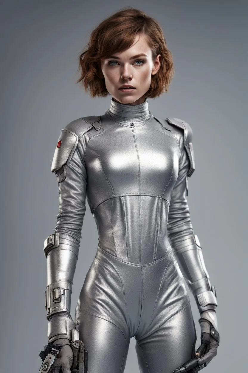 A young space warrior woman with freckles and short brown hair, wearing a silver jumpsuit and holding a pair of energy pistols