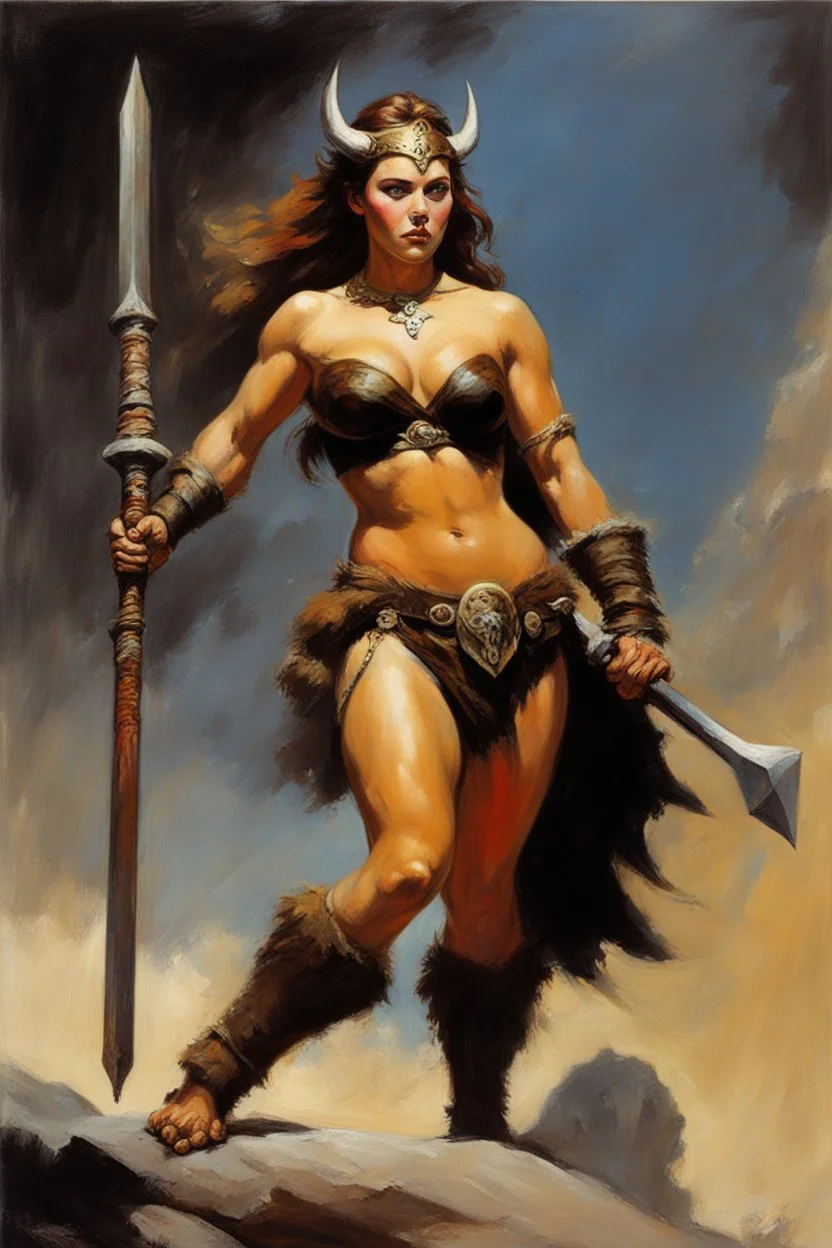 frank frazetta oil painting of the actress Elizabeth Olsen as a female barbarian