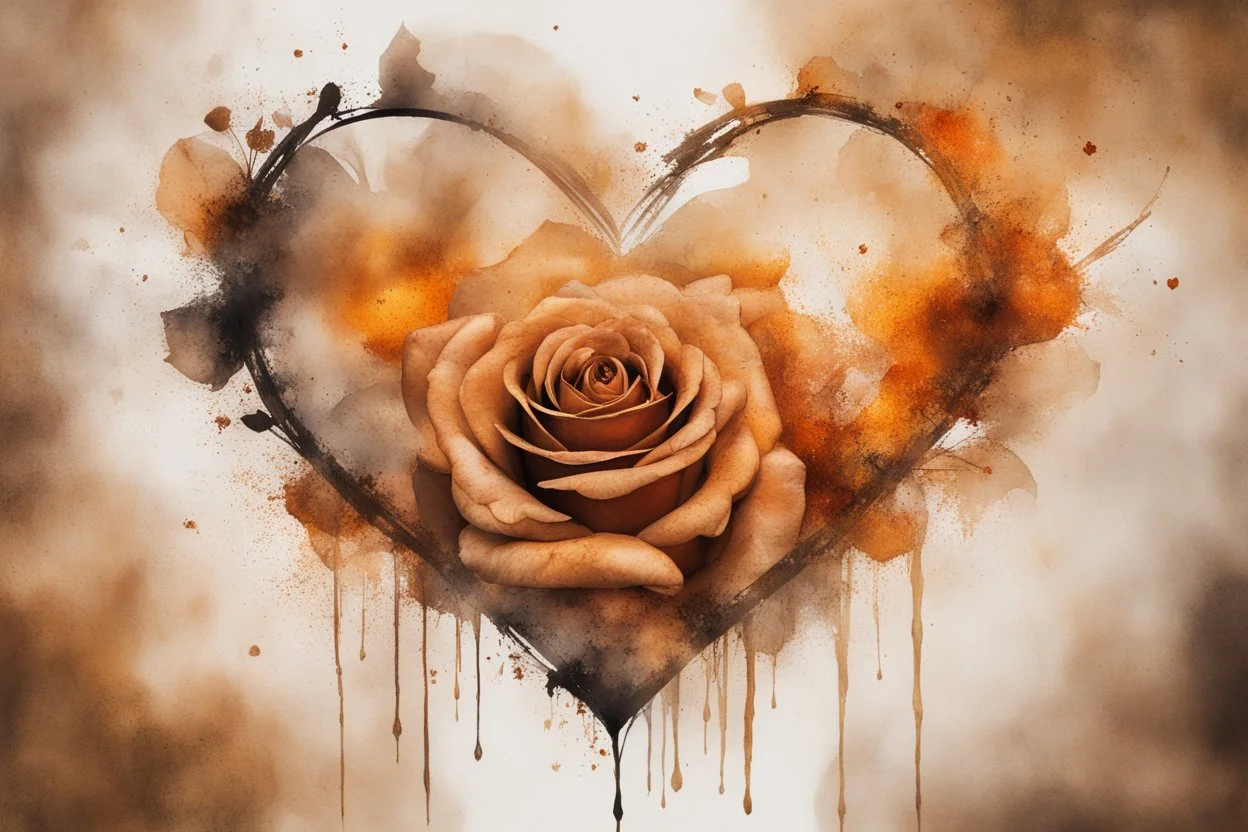 double exposure, merged layers, roses with dynamically blazing fire in ochre, ink splatter art, watercolor and ink, golden glitters, double exposure heart and love