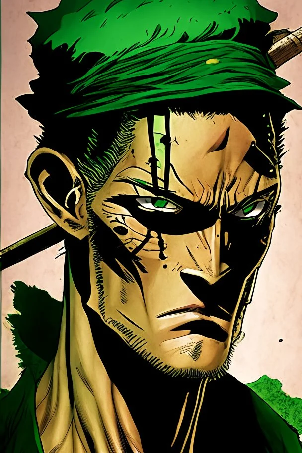 A comic portrait of Zoro, from che One Piece anime