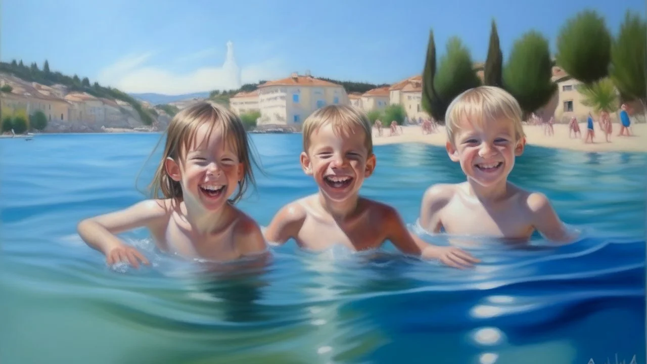 Neoclassicism 2 childeren swimming in the water smiling playing the sea realistic cote d'azur painting