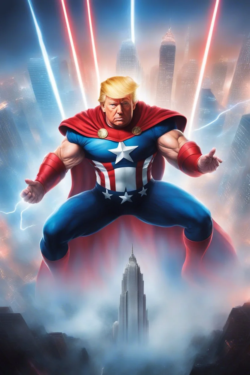 movie poster - "MAGA MAN" - Donald Trump as 'Maga Man,' Extremely Muscular, Skintight, formfitting, crimson bodysuit, blue cape, silver boots, multicolored Lightning, Multicolored vortex, neon lit futuristic cityscape, mist, fog, speed, extremely overexaggerated musculature,