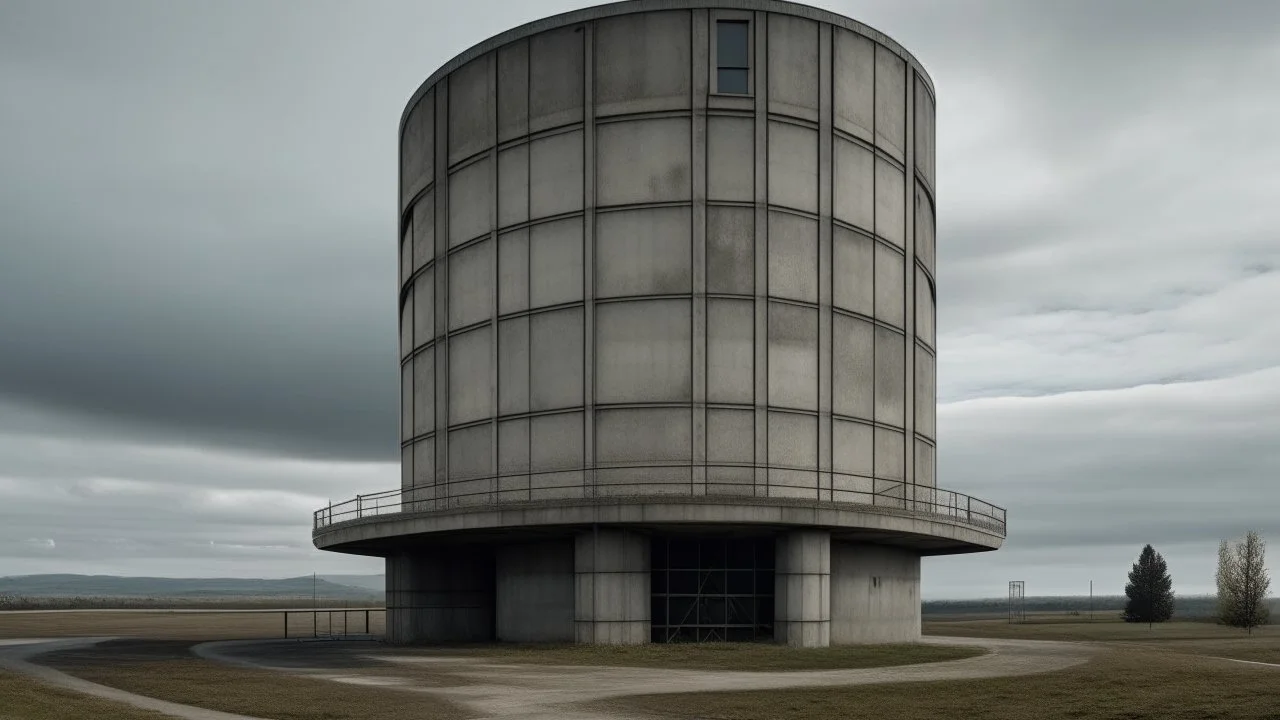 Un edificio cilíndrico de hormigón gris y cobre oxidado, perforado por óculos irregulares, erguido como un observatorio industrial en una llanura despejada bajo un cielo nublado