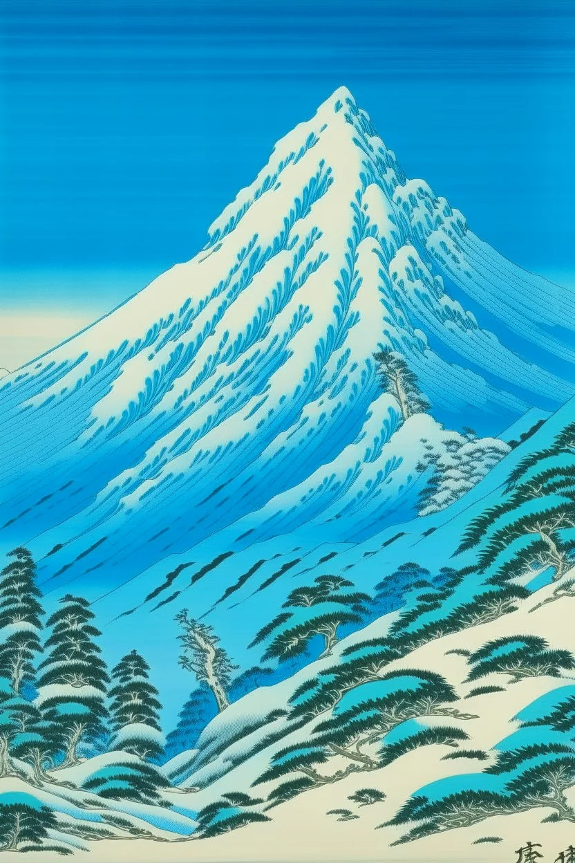 A turquoise snow covered mountain painted by Katsushika Hokusai