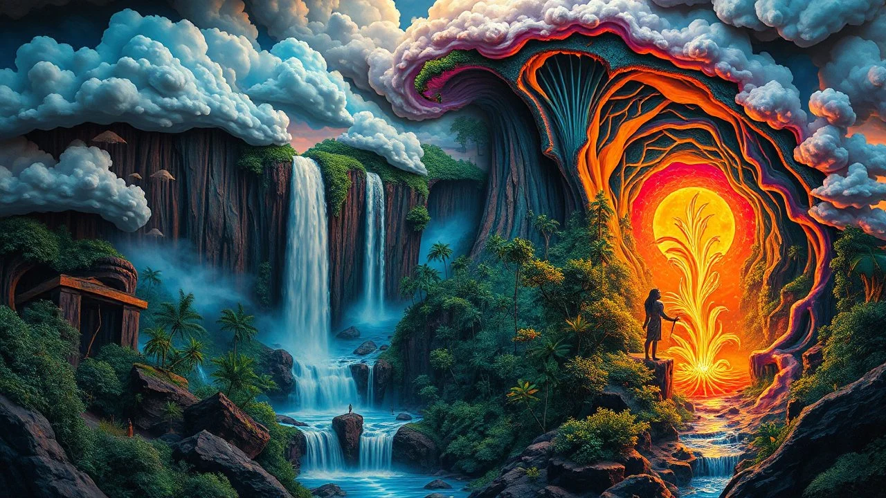 waterfall full of holes with various jungle flowing spiral cloud neon colorful Unique open cliff burning rippled surrealistic artwork with shiny shackled by cliff and sea island, while holding a waterfall doing pulling, the open cavity inside the body is a scene of an ancient Egyptian painting in the Gesang desert 5D diorama, with seven open panels revealing a forest with a thousand shadows, giving a triple exposure effect on a beautiful Balinese girl with magic breast milk and telepathic waves