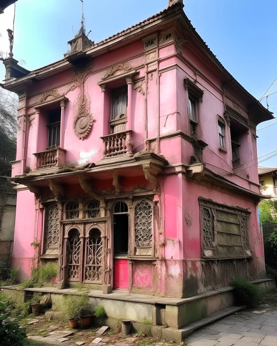 A rosy pink magical voodoo house in a district painted by Leonardo da Vinci