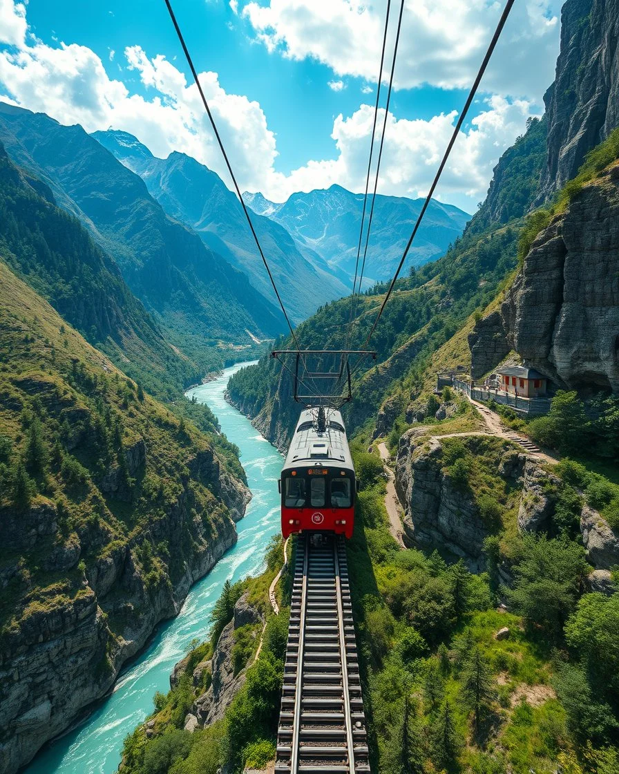 Long distance view Realistic Photography Panoramic style sky train, rides in stunning river and mountain landscape, mountain gorge, bright color palette, high detail, perfect composition, cinematic shot, intricate details, hyperdetail