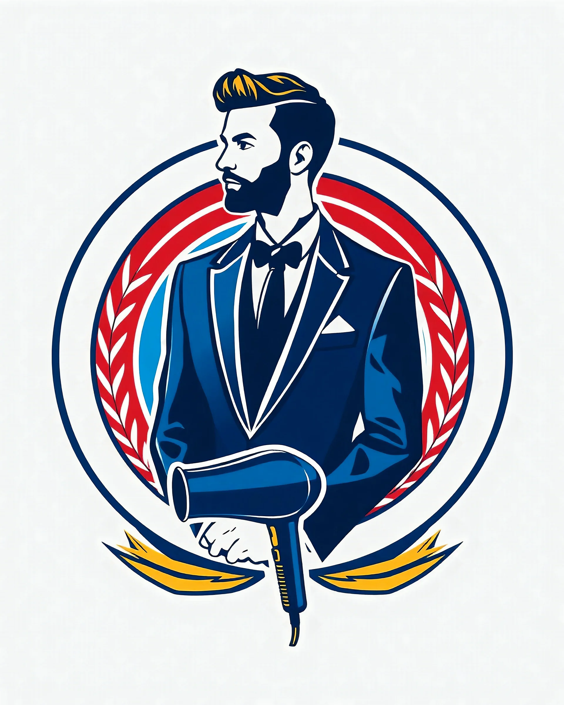 A circular logo with a groom vector in a suit at the top of the logo and a hair dryer vector logo at the bottom in a blue, red, white, and gold color theme.