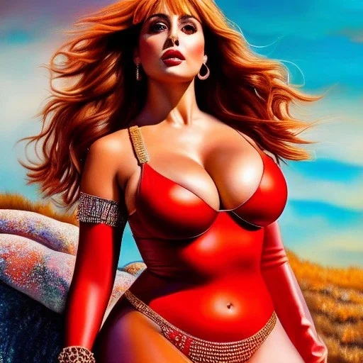 Ultra detailed fullbody Portrait in oil on canvas of busty ana de armas as Red sonja,wearing a skintight suit, extremely detailed digital painting,extremely detailed face,crystal clear Big eyes, mystical colors ,perfectly centered image, perfect composition, rim light, beautiful lighting,masterpiece,8k, stunning scene, raytracing, anatomically correct, in the style of Wizyakuza and robert e howard and InHyuk Lee and Ohrai Noriyoshi and Simon Bisley.