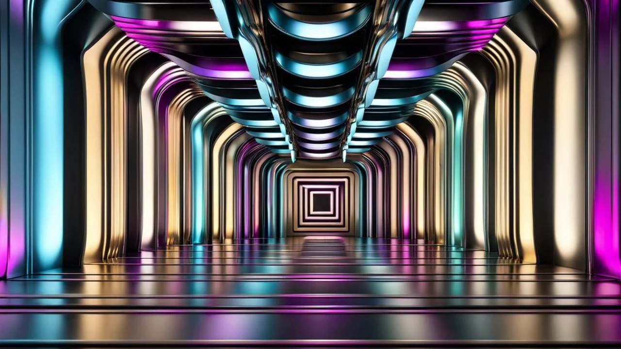 a 3D recursive stage structure made of metallic colors, pretty artistic background, dynamic lights