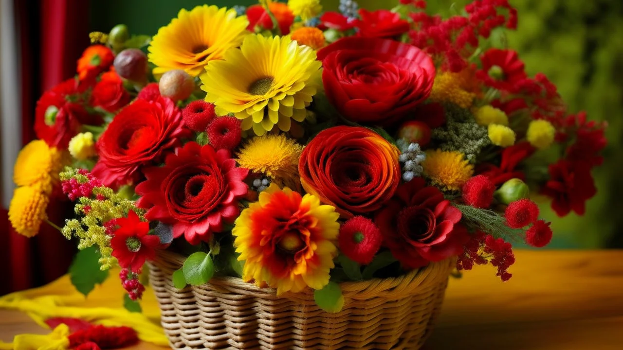 A vibrant and colorful floral arrangement featuring a variety of red, orange, and yellow flowers, including roses, chrysanthemums, and other blooms. The flowers are arranged in a woven basket or container, set against a lush, textured background of green foliage and additional flowers