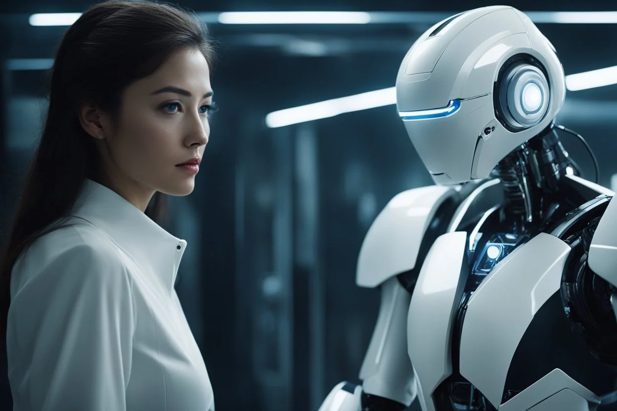 [replicant] a woman stands before a sleek, humanoid robot. She gazes at the soft and warm machine with a mixture of curiosity and longing, her heart pounding in anticipation of what is to come.With a hesitant but determined step, she reaches out and touches the robot's cold, smooth surface.