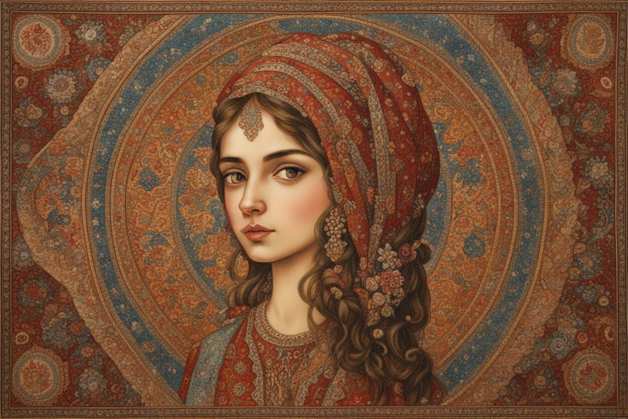 An intricate mosaic Iranian carpet from the Byzantine era in the center of the painting Beautiful gypsy girl.