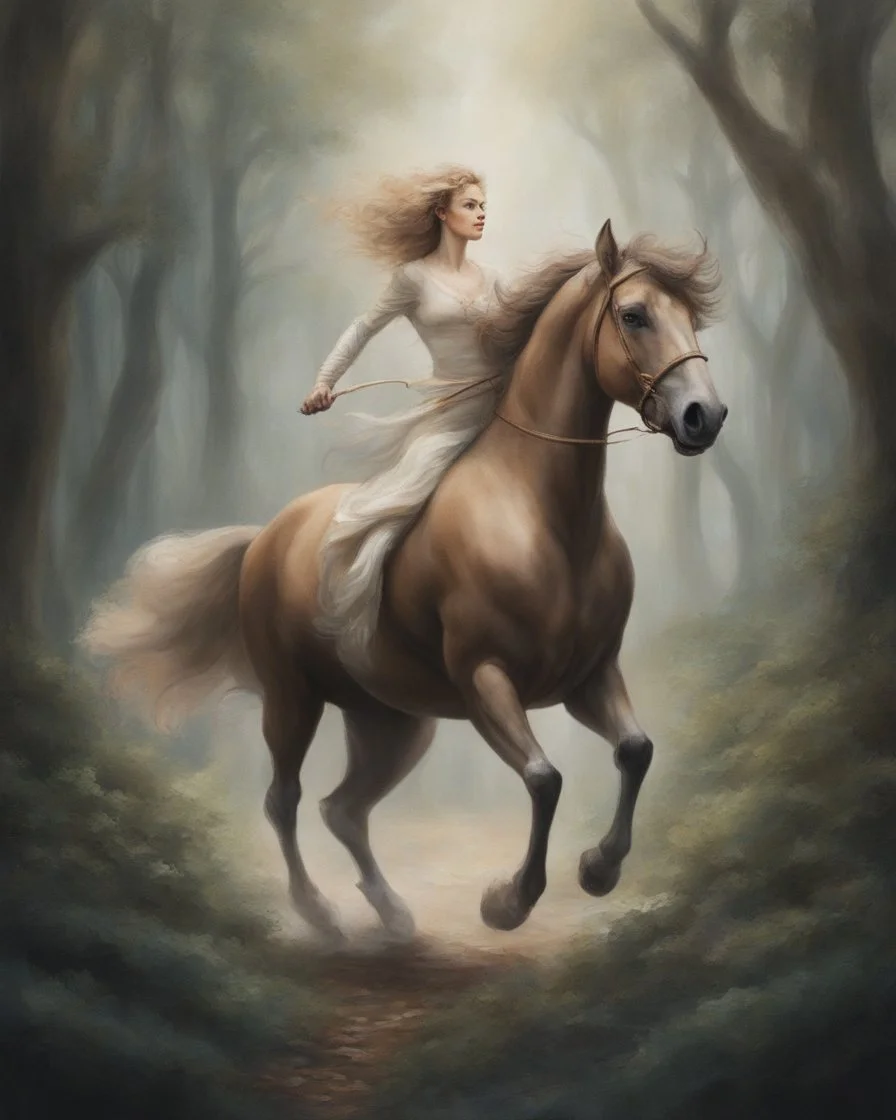 A centaur majestically galloping through the dense forest in the style of Camilla d'errica, fantastical landscape, soft strokes , mythology portrait, classic painting