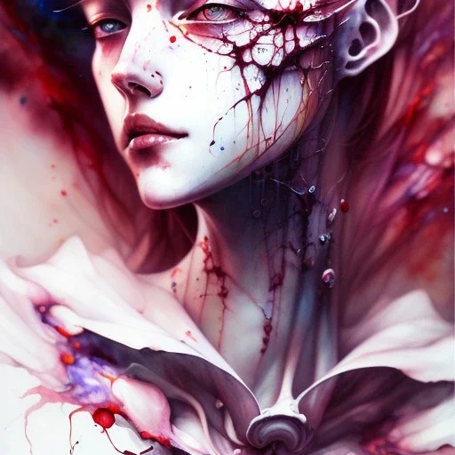  Bones, darkred tones, weird pose, watercolor illustration by <agnes cecile> <Yoji Shinkawa>,