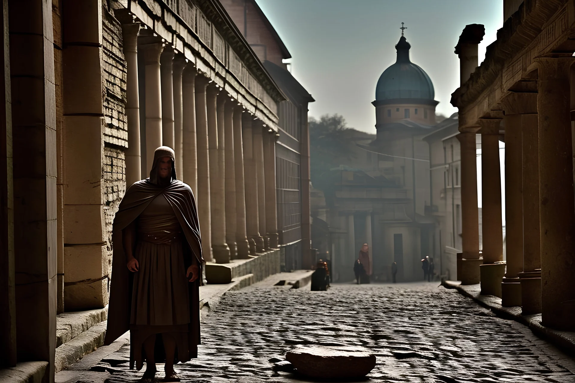 Visualisez un spion romain, se fondant dans l'ombre des rues de la Rome antique. Il porte une toge et une capuche, son visage à peine nähtav sous le capuchon. Les rues pavées, éclairées par des torches, et les bâtiments en pierre ajoutent à l'atmosphère mystérieuse. Fogadja el a hiper-realisztikus fotóstílust, a legrészletesebb és a 16k-os haute définition felbontást. Készítsen kompozíciót, használja a Nikon D850 DSLR fotókat