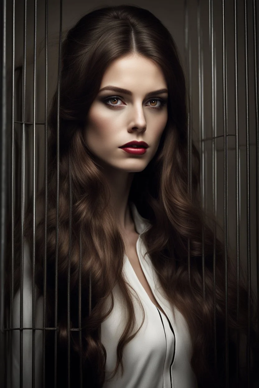 A mesmerizing portrait of a woman with cascading long brown hair that frames her alluring face, which is the central focus amidst the stark and sterile military containment cell that serves as her backdrop. Her striking red eyes hint at an unearthly beauty and a sense of danger that is as captivating as it is intimidating. The contrast of her soft, almost ethereal features against the harsh, institutional surroundings creates a compelling juxtaposition. Her porcelain skin appears to glow under t