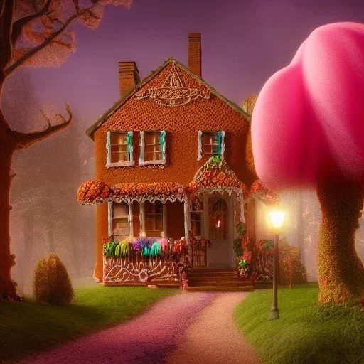 rambling, Victorian house made of gingerbread and vibrant candy, cotton candy trees and gumdrop walkway, 8k resolution, centered, high-quality, ultrafine-detail, digital art, detailed matte, volumetric lighting, illustration, 3D octane render, brian froud, howard lyon, greg rutowski, George Grie