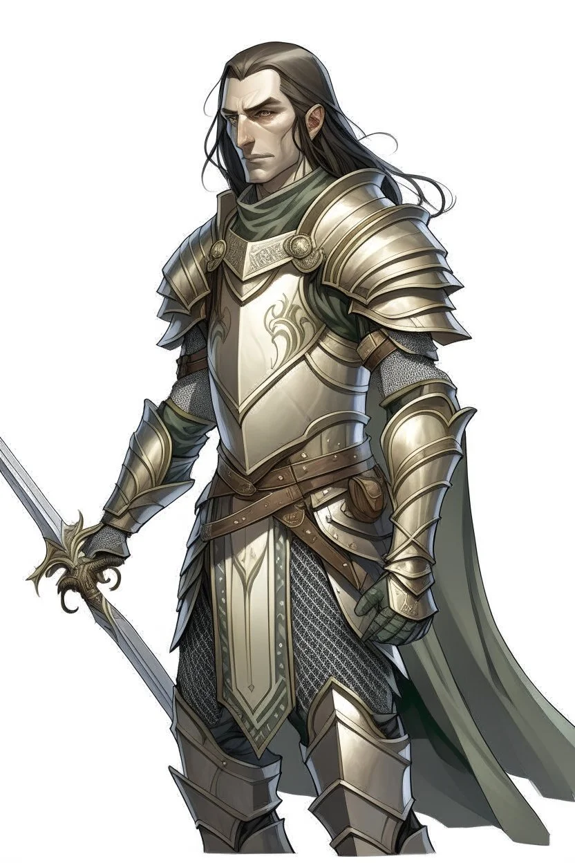 d&d high elf knight male in his thirties wearing medieval armor with hands behind her back