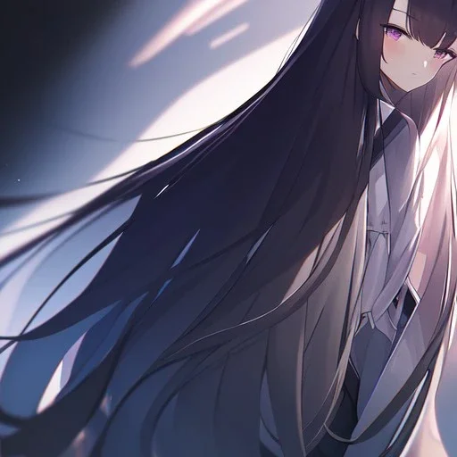 Clear focus,High resolution, Black long fluffy hair, long bangs, and purple eyes, Depressed girl, wearing a black short skirt with a white line near the bottom,wearing a white oversized jacket, Small Close up