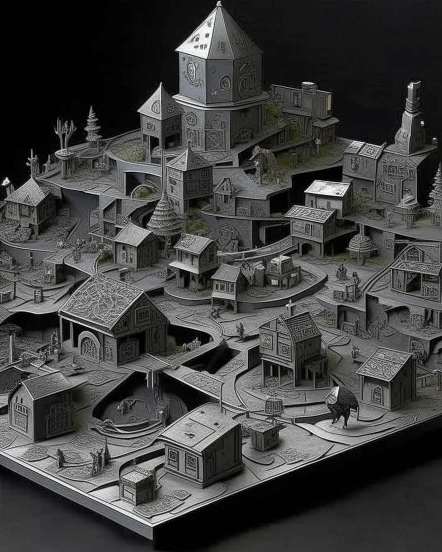A gray mechanical village made out of steel designed in native American petroglyphs painted by MC Escher