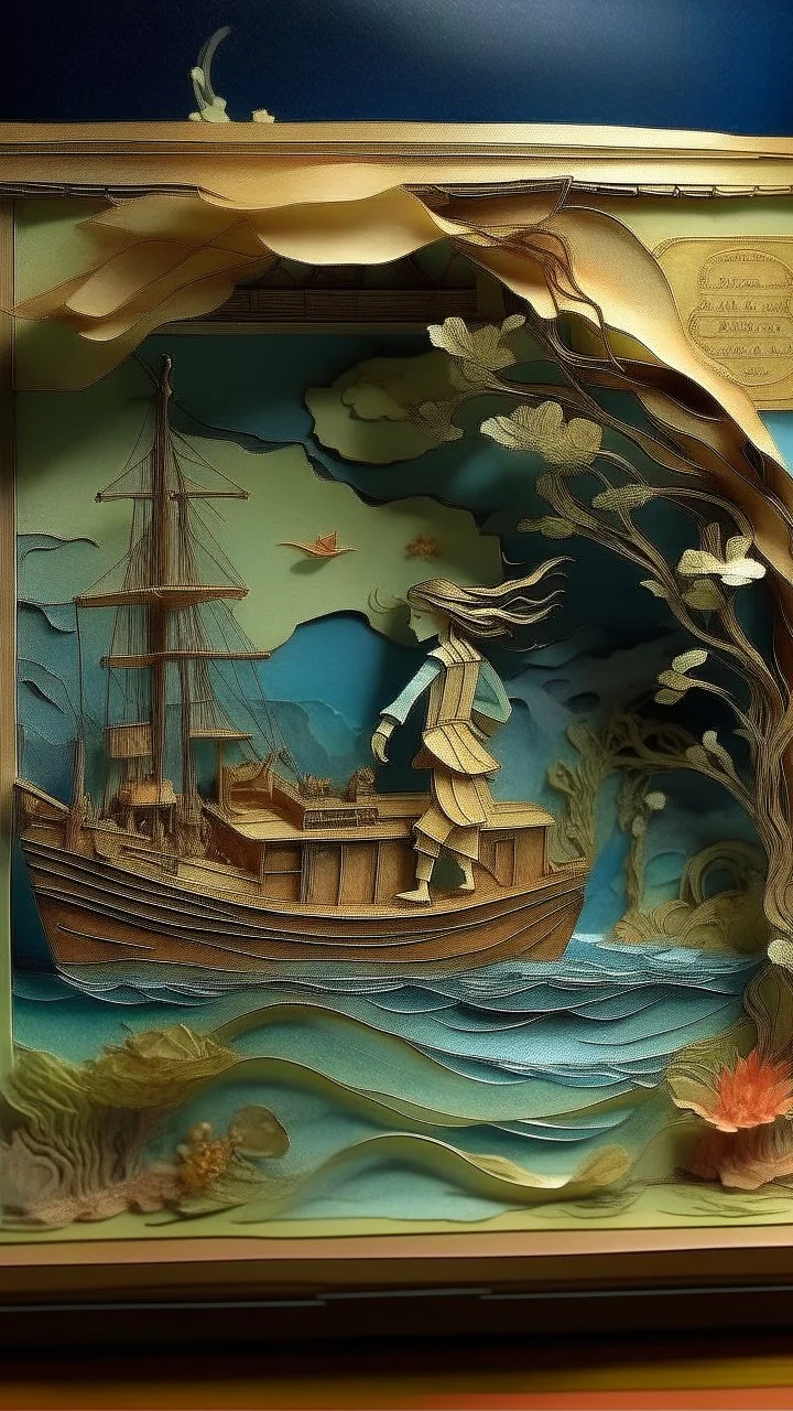 The ship fades out in the horizon, nostalgic goodbye, diorama in the style of Alphonse mucha