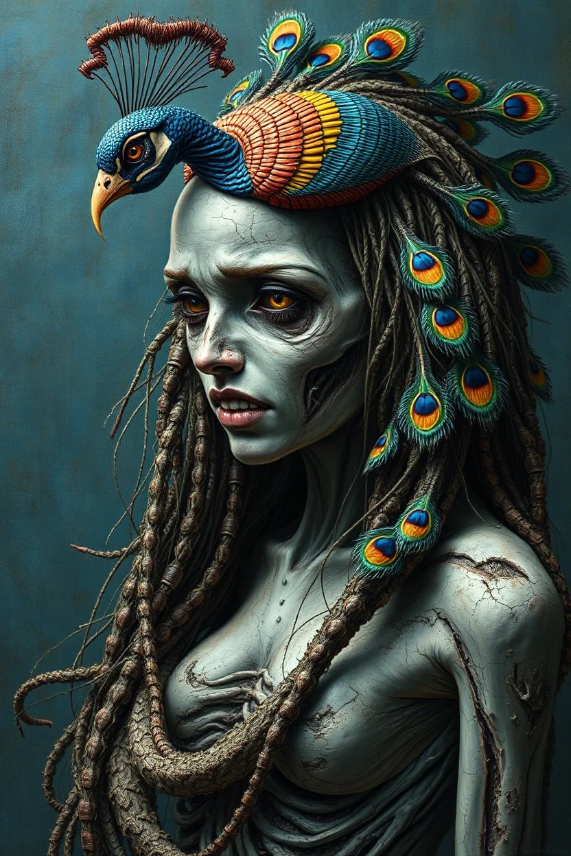 A beautiful girl with a colorful peacock long hair , snake like full body, front view . decayed and rotting with grotesque proportions and imagery. grotesqueries, detailed texture, surreal horror, biomechanical design, by hr giger and beksinski , on blue color