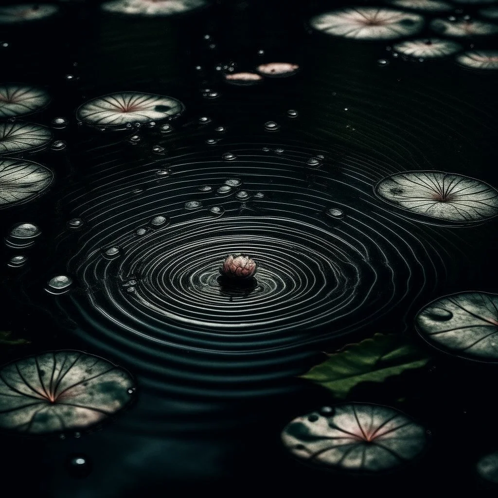 a raindrop creating a beautiful circle in a pond, dark colours