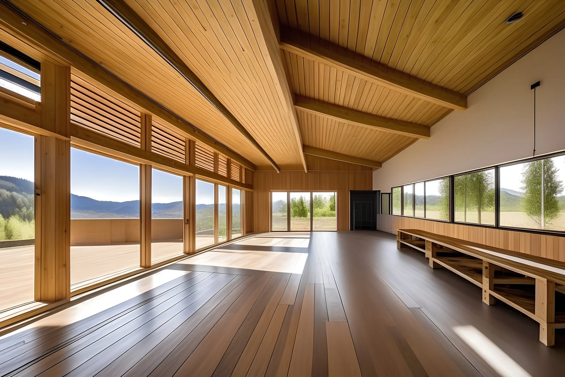 modern wood building in atacama desert, inside view,