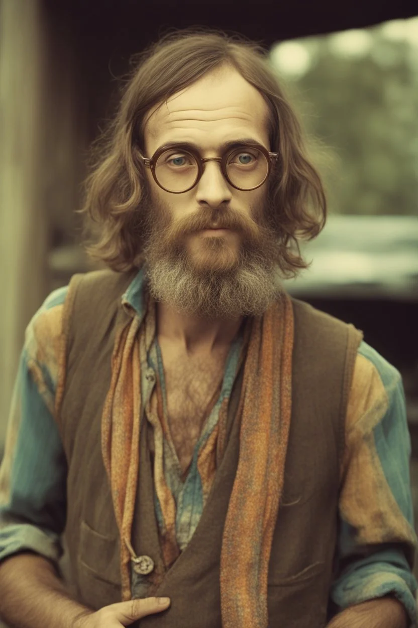 Hippie bohemian young ugly man with Parisian bohemian look and glasses of colours and poor and short short short and poor hair on the head with receding hairline. Farsightedness glasses with big eyes. Long beard. Vintage look and feel like photo styleof the 70s