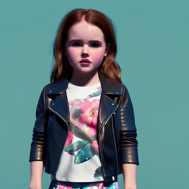 Zoey deutch toddler, full body, leather jacket, floral shirt, floral skirt, Nike sneaker, soft skin, city background, dramatic lighting, hyper realistic