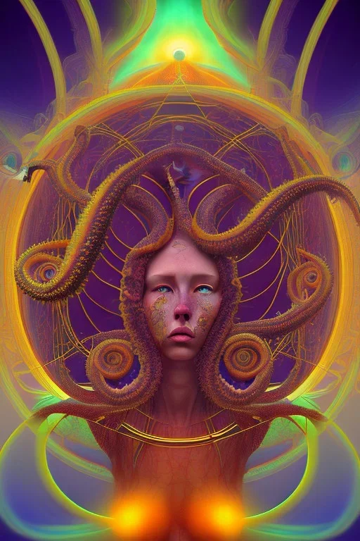 Spiritual being with Tentacles over human Head creating reality around, wrapping Spiral around Human, Psychedelic