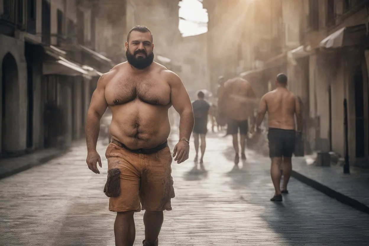 half figure shot photography of two turkish ugly dirty burly construction workers muscular chubby wet sweat 33 years old shirtless, opened unbuttoned boxer, short beard, bulge, tattoo, manly chest , embaced on italian sidewalk, big legs, big shoulders, photorealistic, sunlight, summer, ambient occlusion, side view from the ground