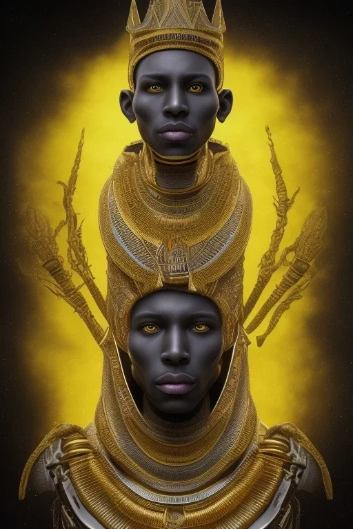 black male African Egyptian alien, cracks in the voodoo head, wicked, diamond eyes, crown, blood, 8k, finely detailed, photo realistic, tiger robe turquoise skull head gold dragon space alien rain skeleton gold teeth silver crown silver space suit spaceships