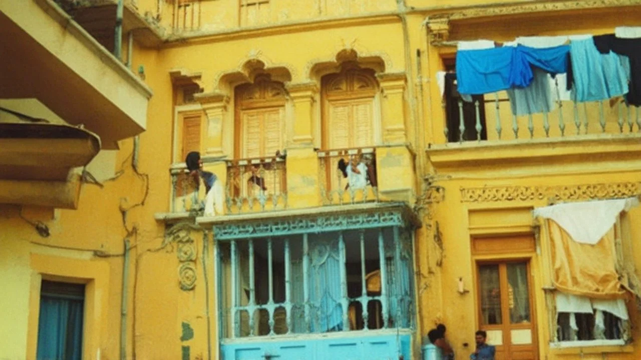 An old, yellow-colored building with ornate architectural details and balconies. There are two people standing on the balcony, and clothes are hanging out to dry. The background suggests an urban, Mediterranean-style setting