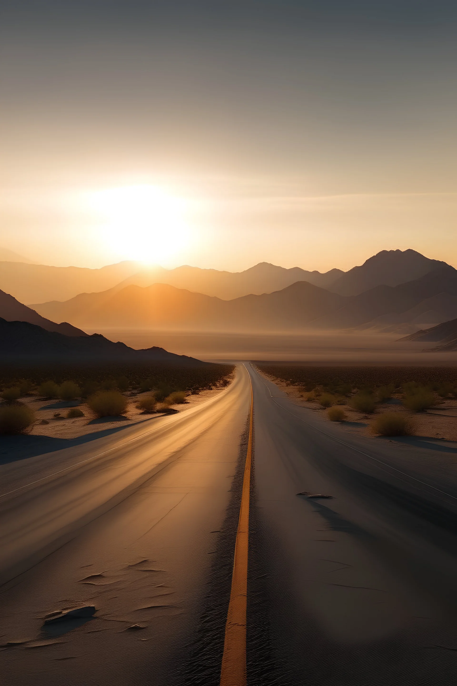 road on desert in between mountains with sunrise