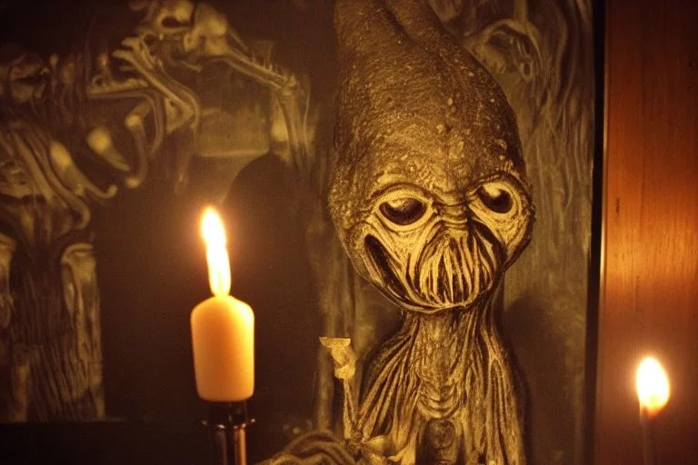 cute coffeshop creature H. R. Giger in candlelight