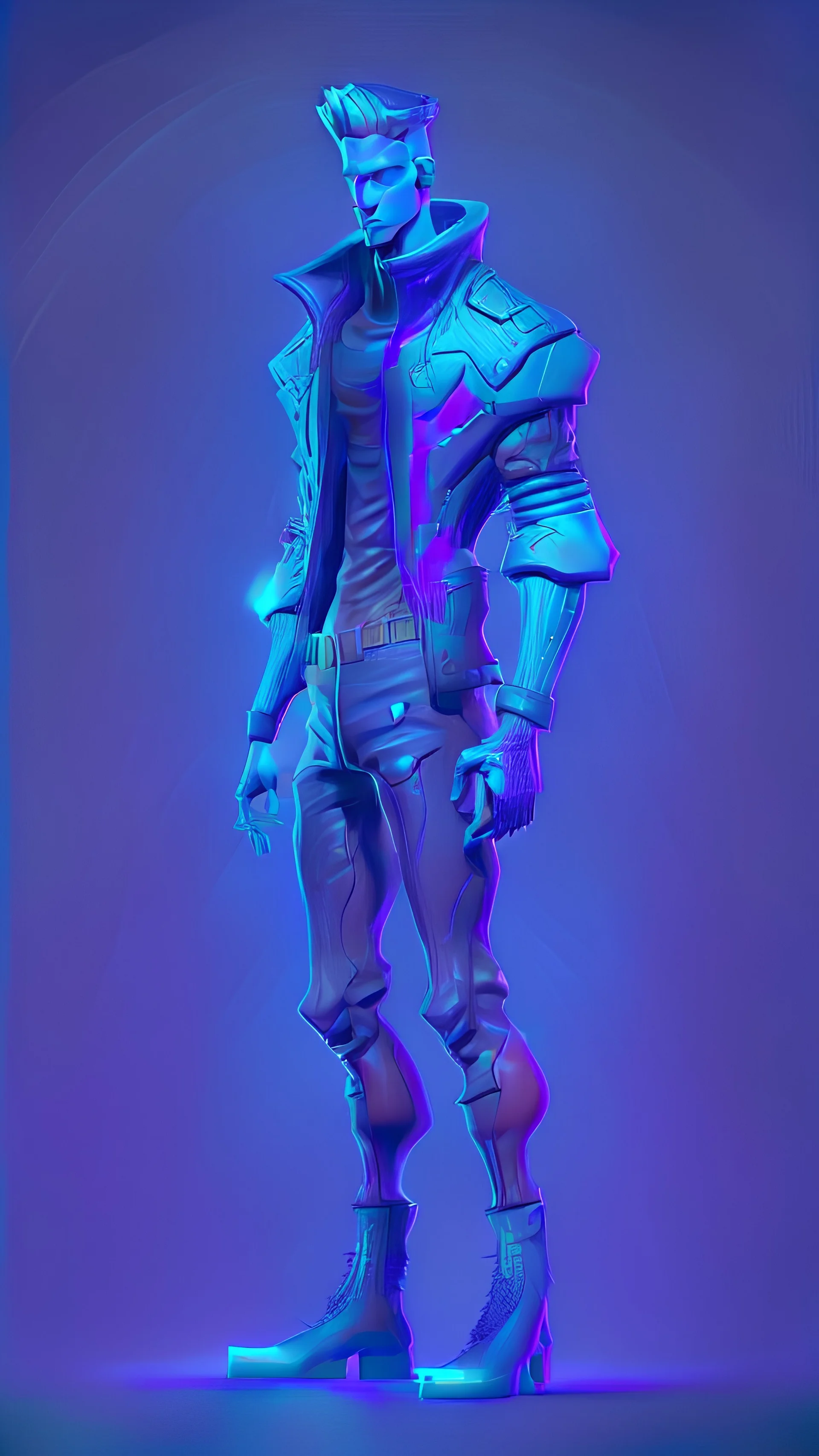 realistic man game character full height with weapoon in blue-purple neon, witn navy background