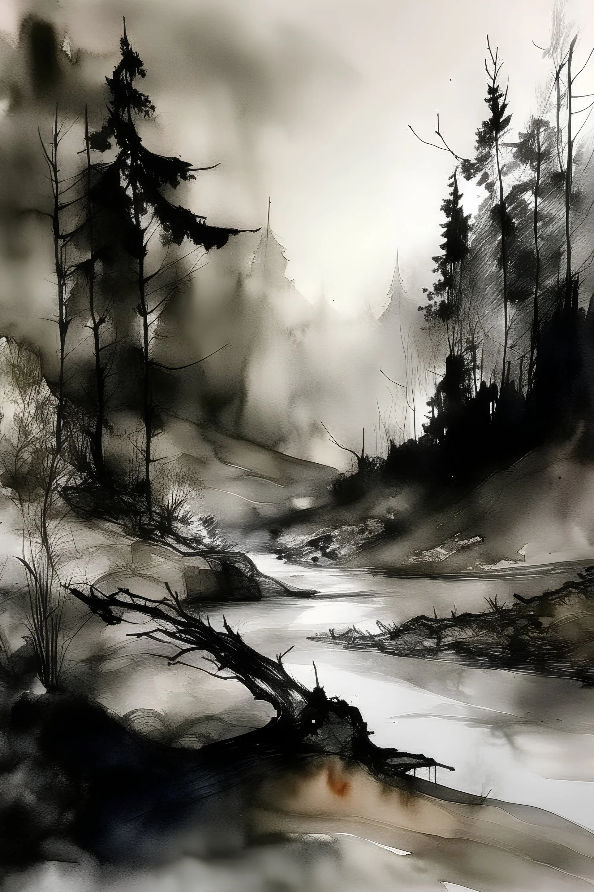 The point of no return; ink wash with pale pastel accents