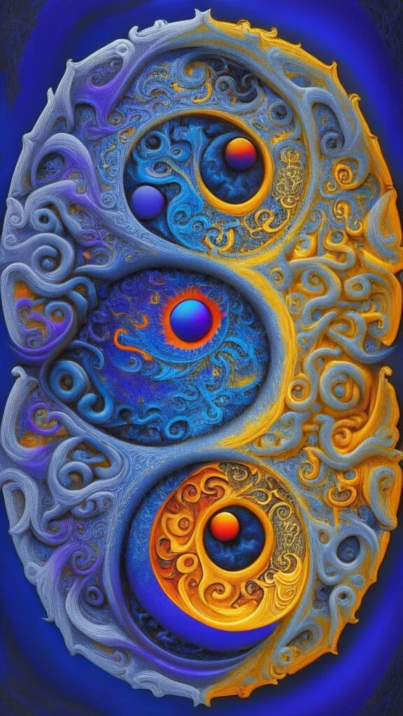 yin-Yang symbol, hyper detailed, photorealistic, hyper detailed, hyper defined, orange, azul, purple, yellow, DMT art