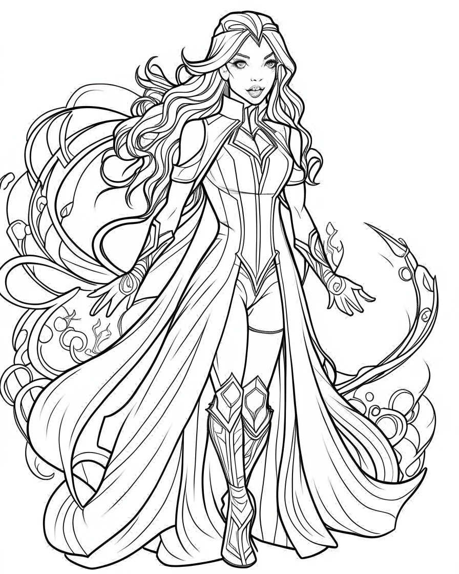 Avengers Scarlet Witch, coloring page, no leaves, full body (((((white background))))), only use an outline., real style, line art, white color, clean line art, white background, Sketch style