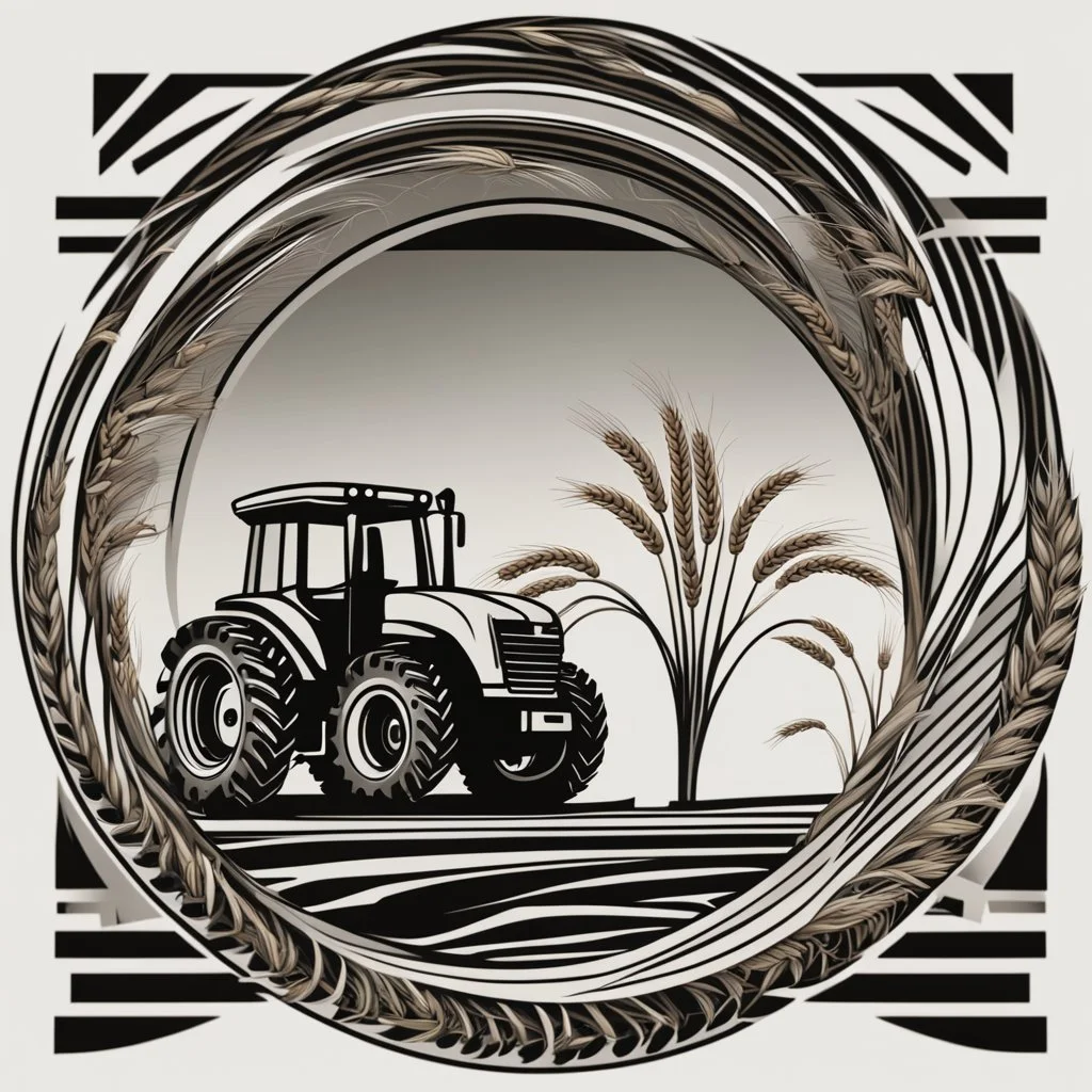 a circular frame made of spiraling wheat, a tractor at the center, bold modern urban vector