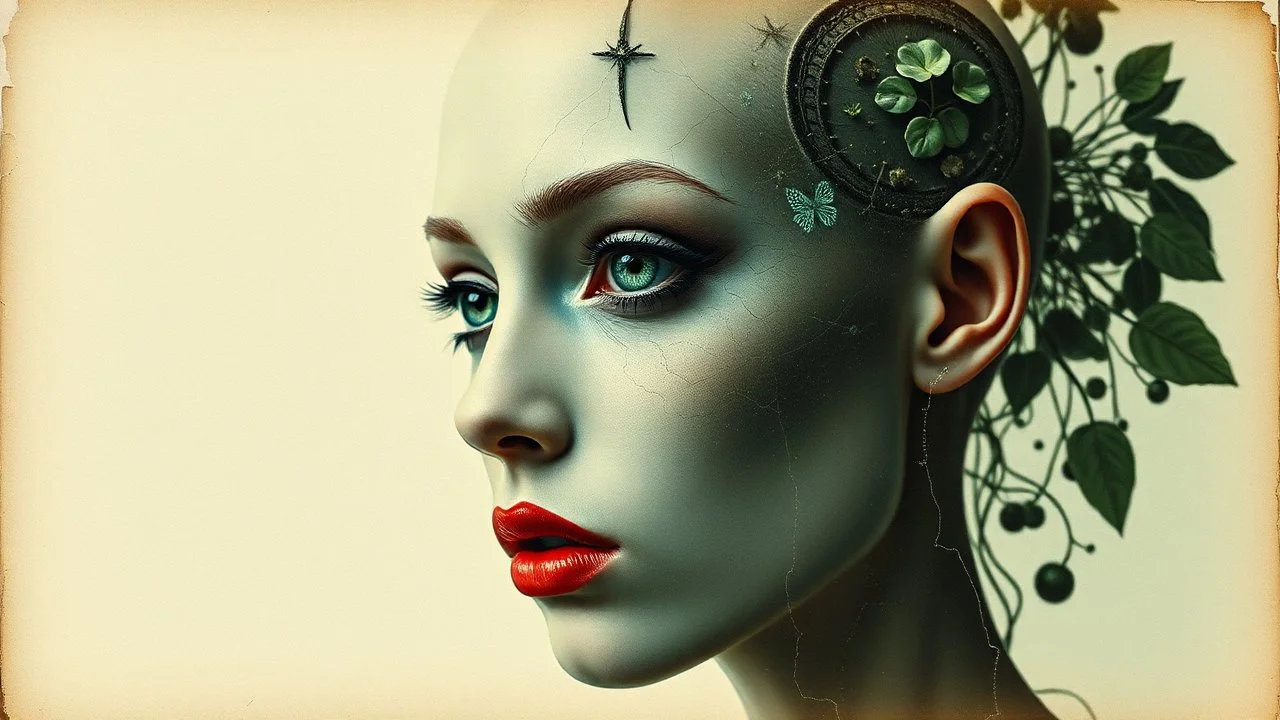 old retro photograph, light vignette, faded, worn and cracked, double exposure, surrealism, female humanoid from another world, red lips, half body, greenish blue pale transparent glowing skin, bald head, plants growing out of head, tattoo on head, alien transparent eyes, double exposure, hyperdetail, double exposure, Anna Razumovskaya, Anna Dittmann, Luis Royo, Neo-impressionism, expressionism, oil painting. Bold, detailed and textured brushstrokes reminiscent of Royo and Peter Coulson. Deep co
